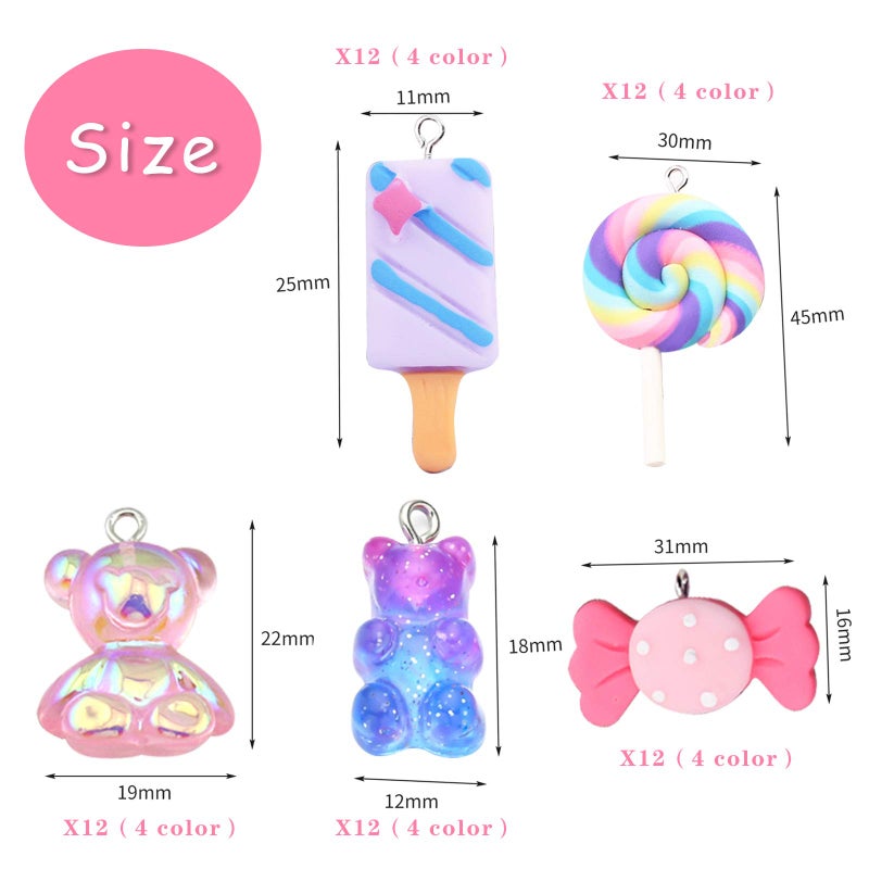 ZOCONE Colorful Candy Pendant, 60 Pcs Mixed Cute Charms Set With Gummy Bear, Ice Cream, Sweet Candy, Lollipop Shape Polymer Clay and Resin Charms for Jewelry Making - Image 2